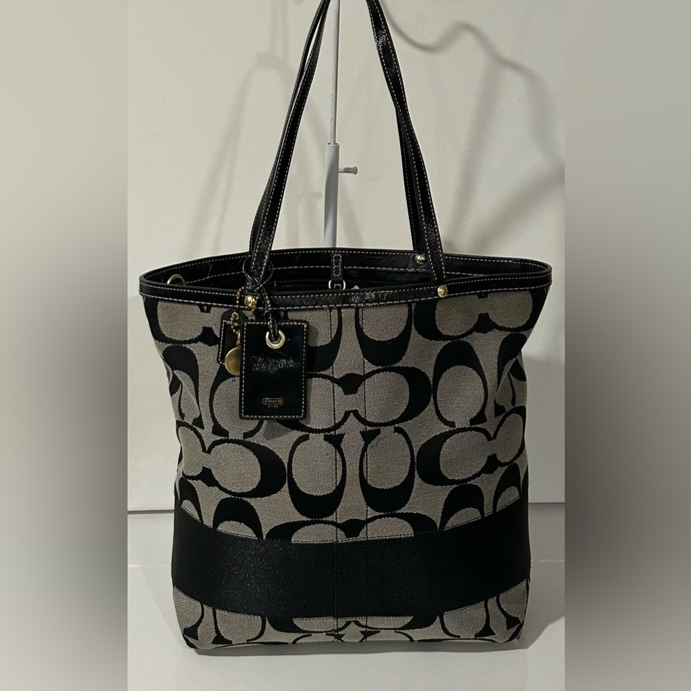 Coach Signature Black Gray Canvas Leather structured logo Shoulder Bag - Picture 11 of 16